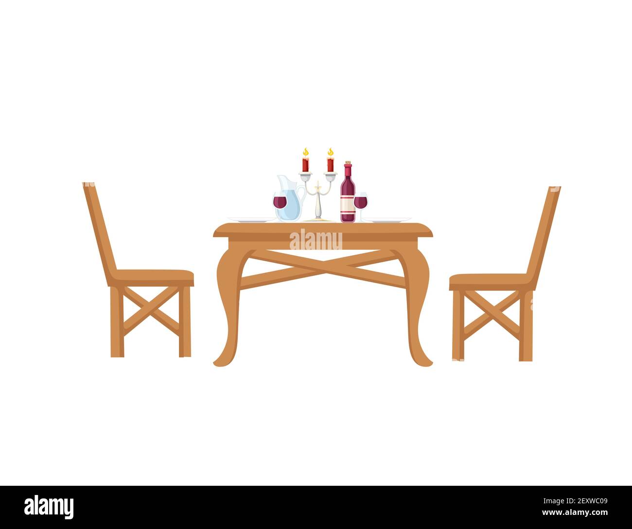 Romantic dinner concept with wine and wine glass wooden luxury royal table and chairs vector illustration on white background Stock Vector