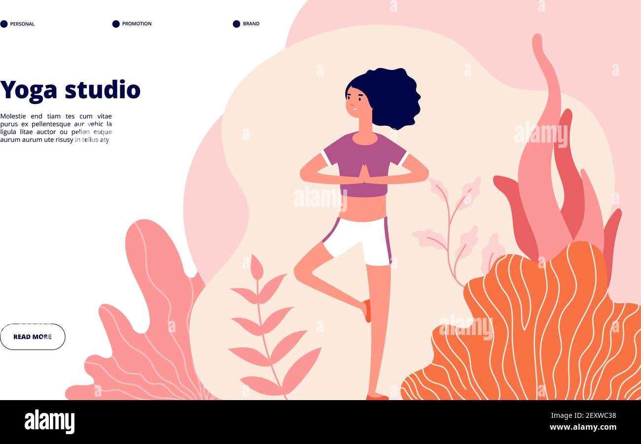 Yoga landing page. Meditation woman banner, outdoors exercise on nature. Workout studio, healthy modern lifestyle. Vector website template. Healthy yoga exercise, meditation female illustration Stock Vector