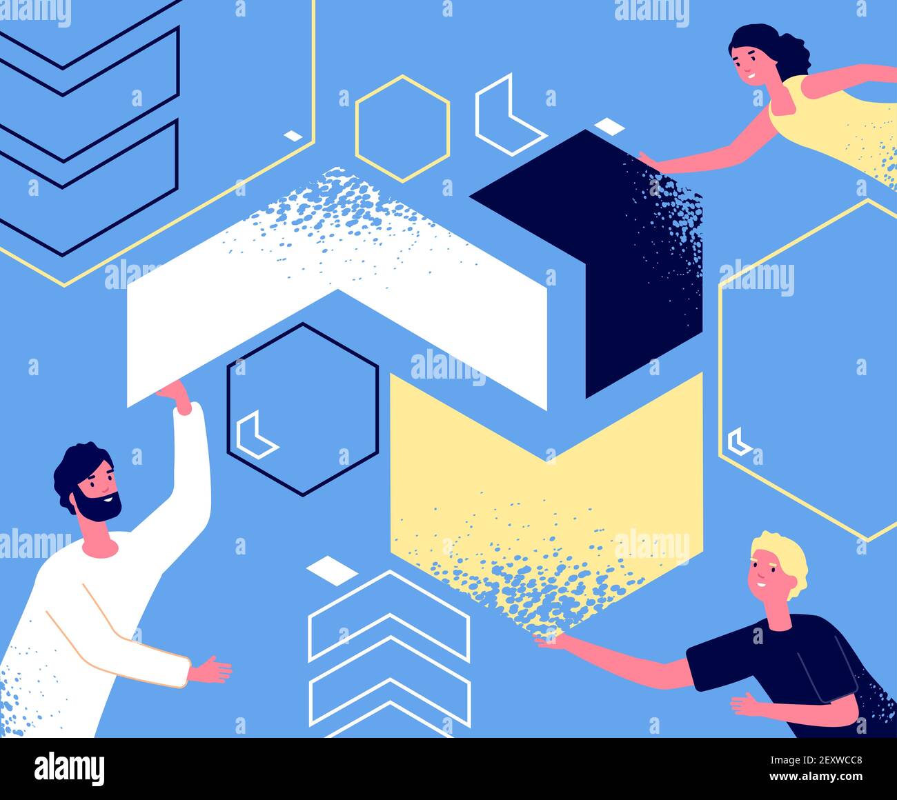 Friendship. Teamwork, people holding puzzle piece. Connected persons, male female team. Youth business collaboration. Startup vector concept. Illustration collaboration piece and connected parts Stock Vector
