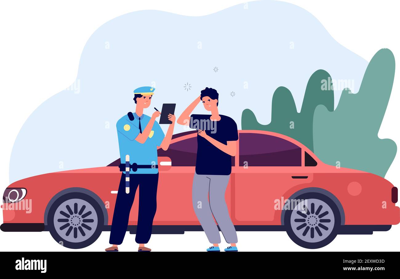 Policeman and driver. Car inspector write fine to intruder high speed traffic violation. Safety control admonition vector concept. Officer police write ticke for over limit speed illustration Stock Vector