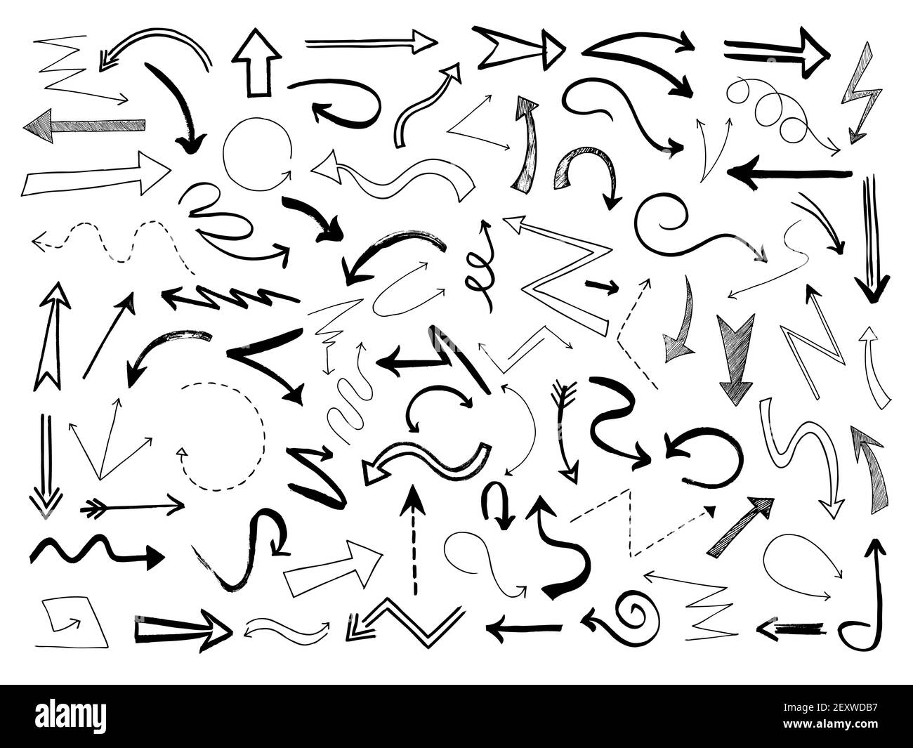 Hand drawn arrows. Sketch black arrow direction line signs. Doodle scribble monochrome way pointers, outline vector set. Illustration arrow pointer, line scribble sketch Stock Vector
