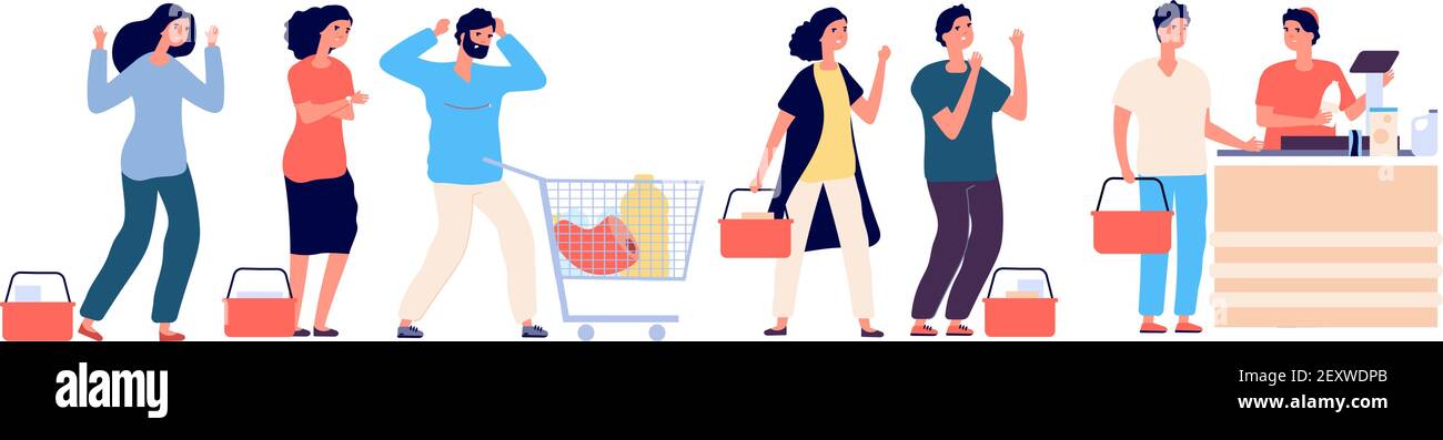 Angry people queue. Dissatisfied and tired customers standing in supermarket line, scream and swear by purchasing. Vector concept. Illustration people queue angry, customer hysteria Stock Vector