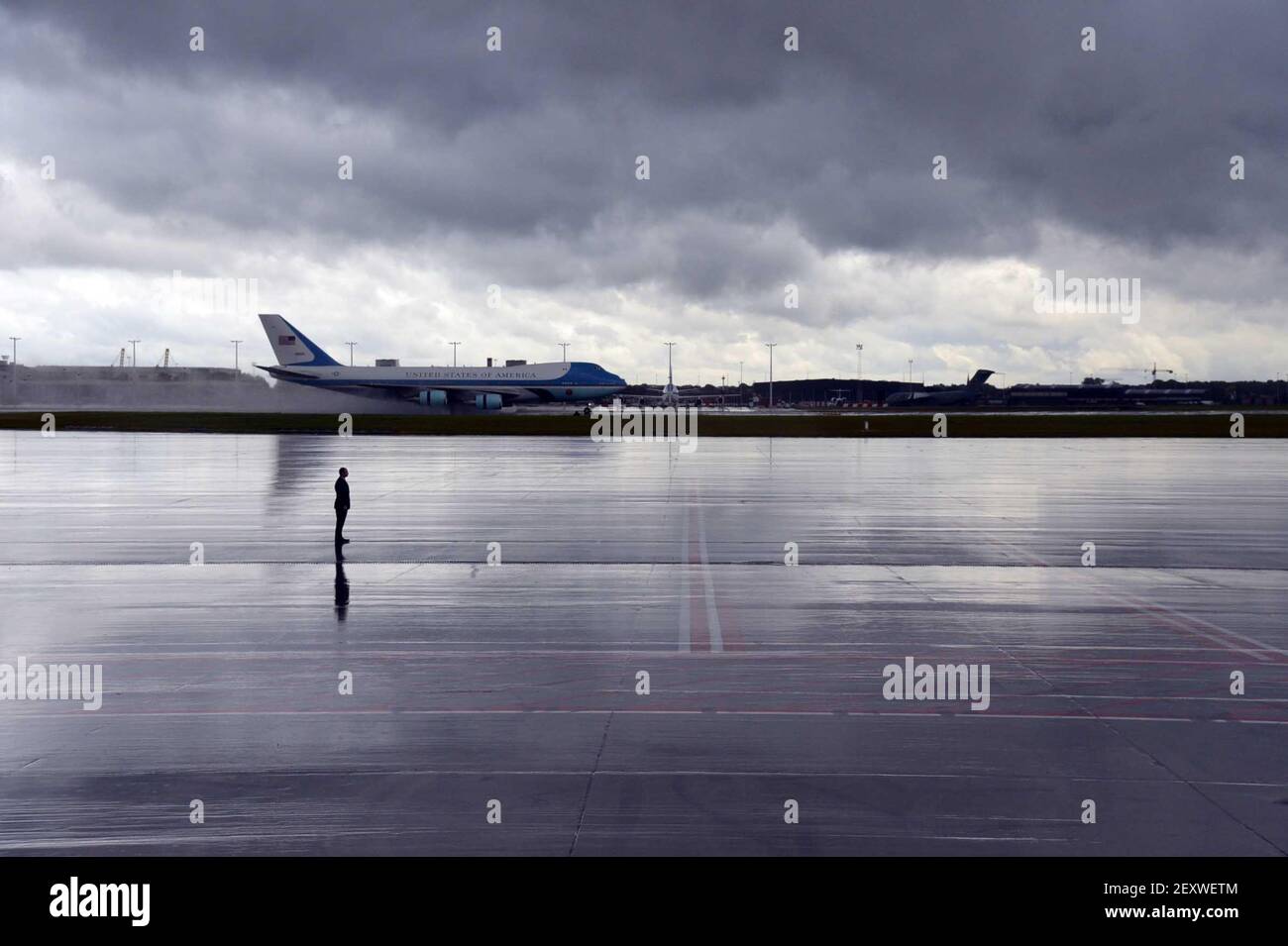 Air Force One touches down at Melsbroek Air Base outside of Brussels,  Belgium on June 4, 2014. (Photo by State Department/Sipa USA Stock Photo -  Alamy