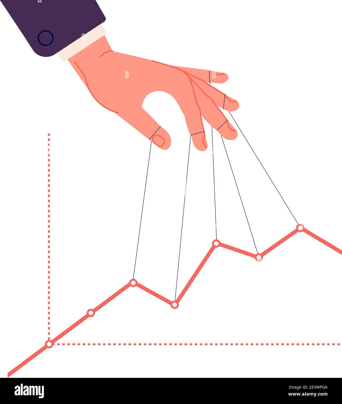 Puppet master controlling chart. Business speculate graph, control finance indicators and marketing. Hand manipulates price vector concept. Illustration puppet chart, hand control and manipulating Stock Vector