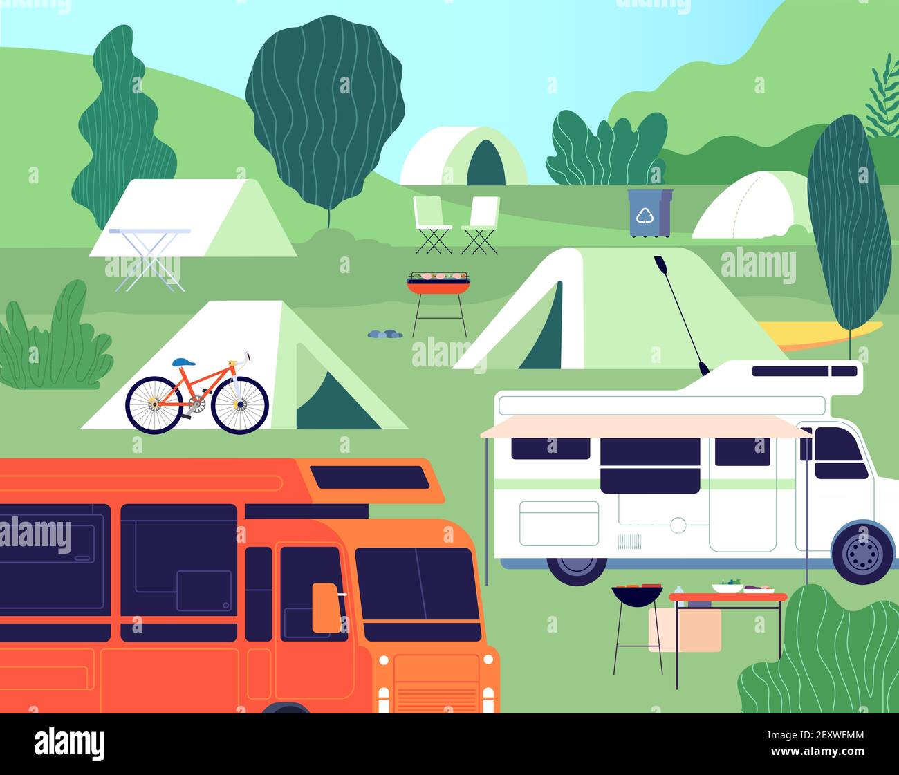 Tourist camp. Sunny forest tree camping, outdoor restfulness. Tourism tools, summer rest tents, cars and bonfire. Nature vector background. Forest recreation, adventure camp, journey illustration Stock Vector