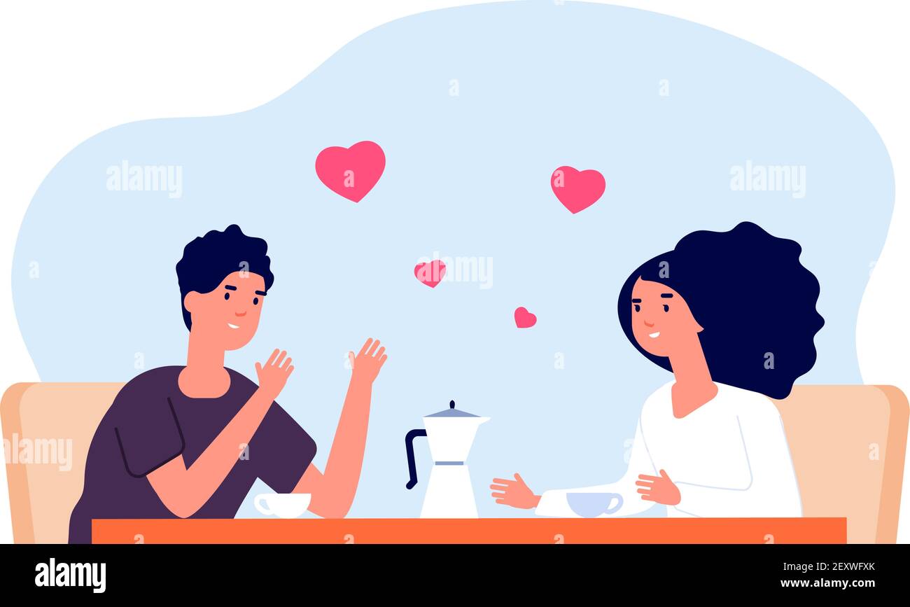 Date in cafe. Friends drinking coffee, conversation girl and man. People talking on business lunch. Couple in love vector illustration. Couple conversation and drink tea or coffee Stock Vector