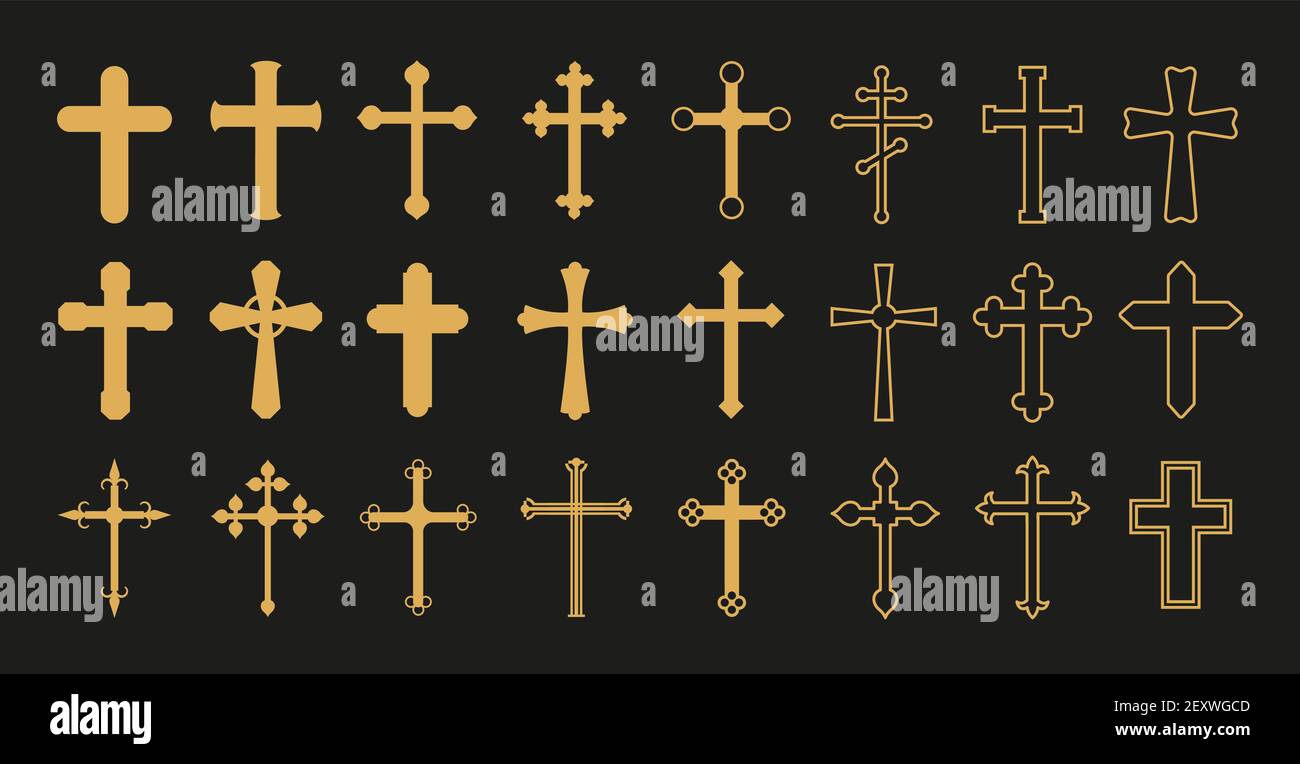 Christian cross. Gold crosses, simple decorative crucifix. Catholicism