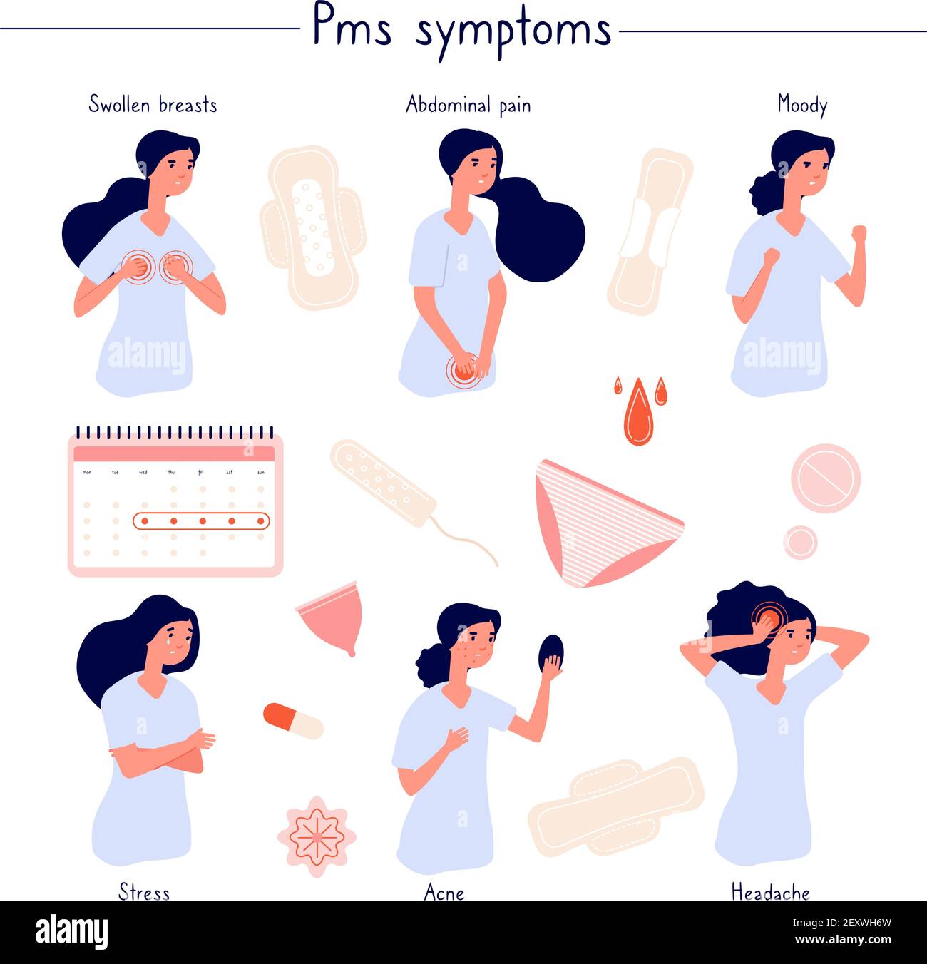 PMS symptoms. Female stress, abdominal pain, acne and moody. Woman period problems. Isolated menstrual syndrome, panty and pads vector set. Pain menstrual abdominal, medical period depression emotion Stock Vector