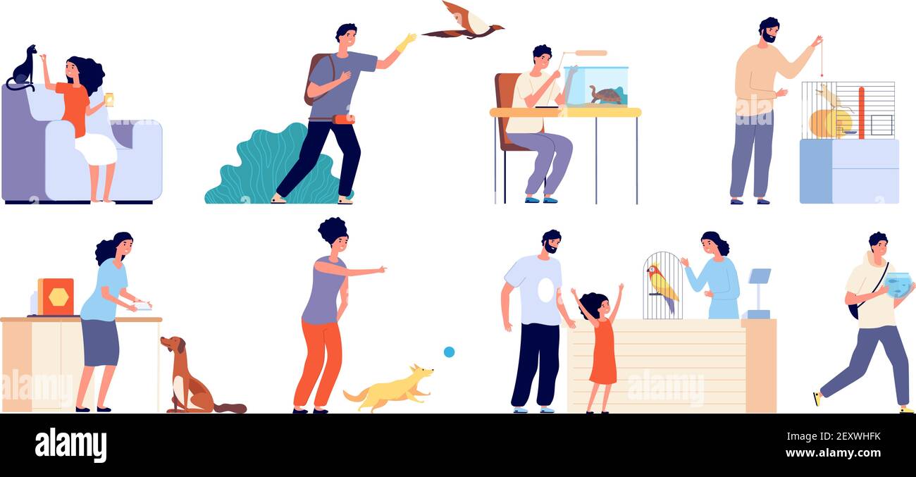 Pet owner. Woman with pets, dog adoption. Scenes people and wild or domestic animals. Humans with cat, birds or reptile vector illustration. Characters with pets, bird and puppy, parrot and tortoise Stock Vector