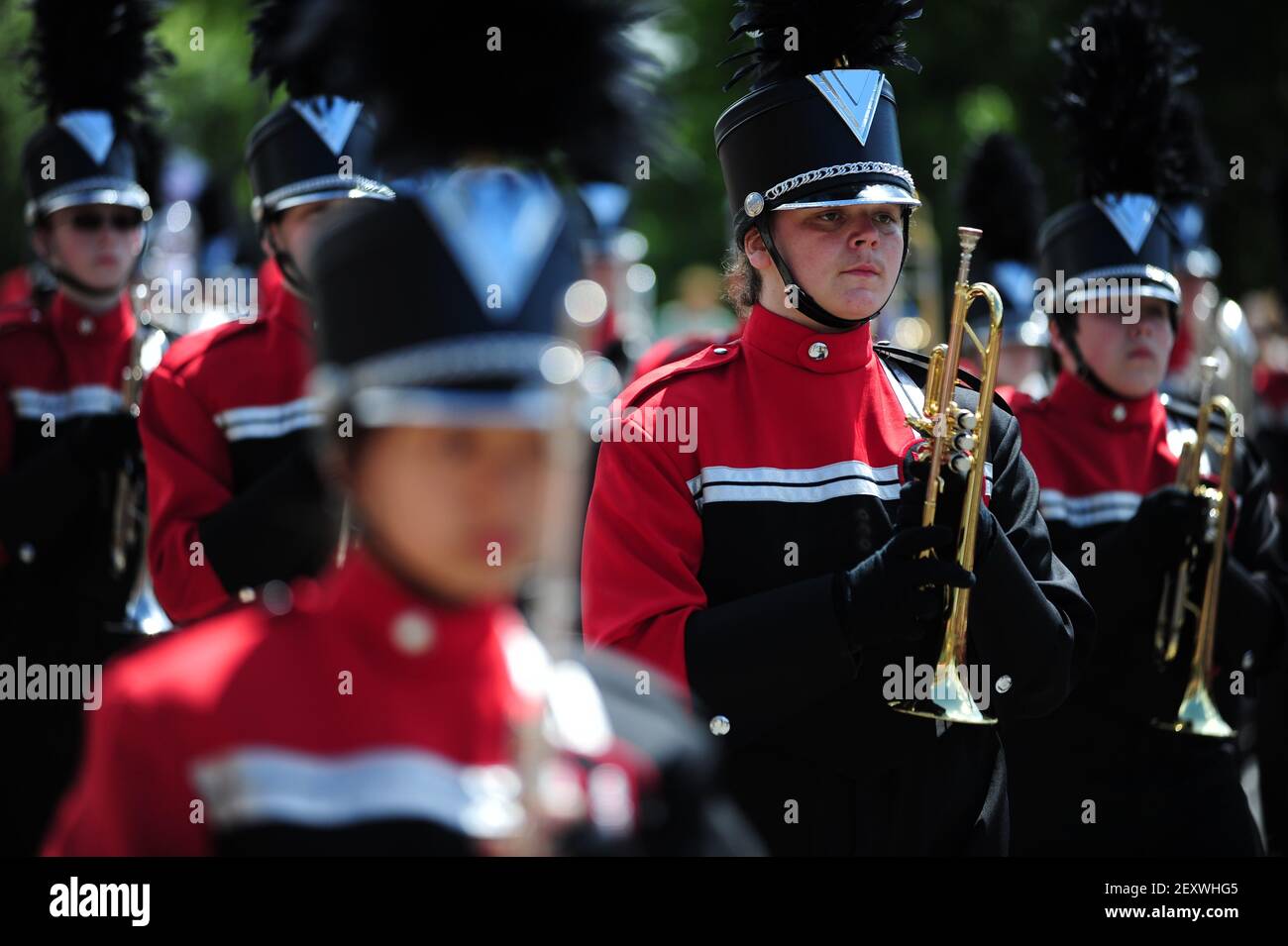 A high school marching band makes their way over the Burnside Bridge ...