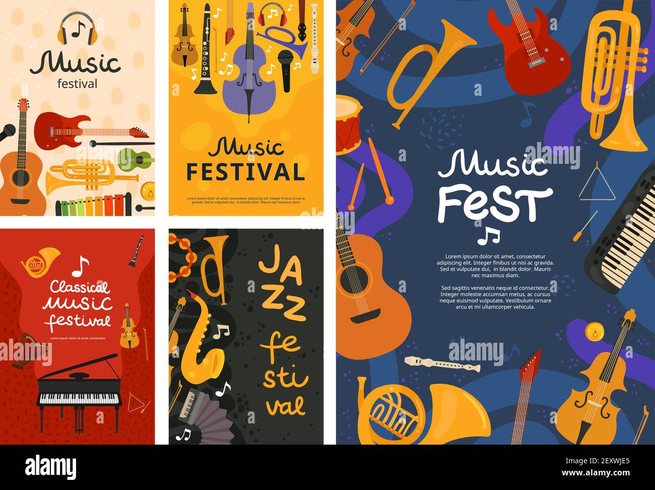 Music festival. Jazz concert, musical instruments poster design. Guitar and  piano, saxophone background. Vector open air song event flyers.  Illustration banner, musical guitar and piano instrument Stock Vector Image  & Art -