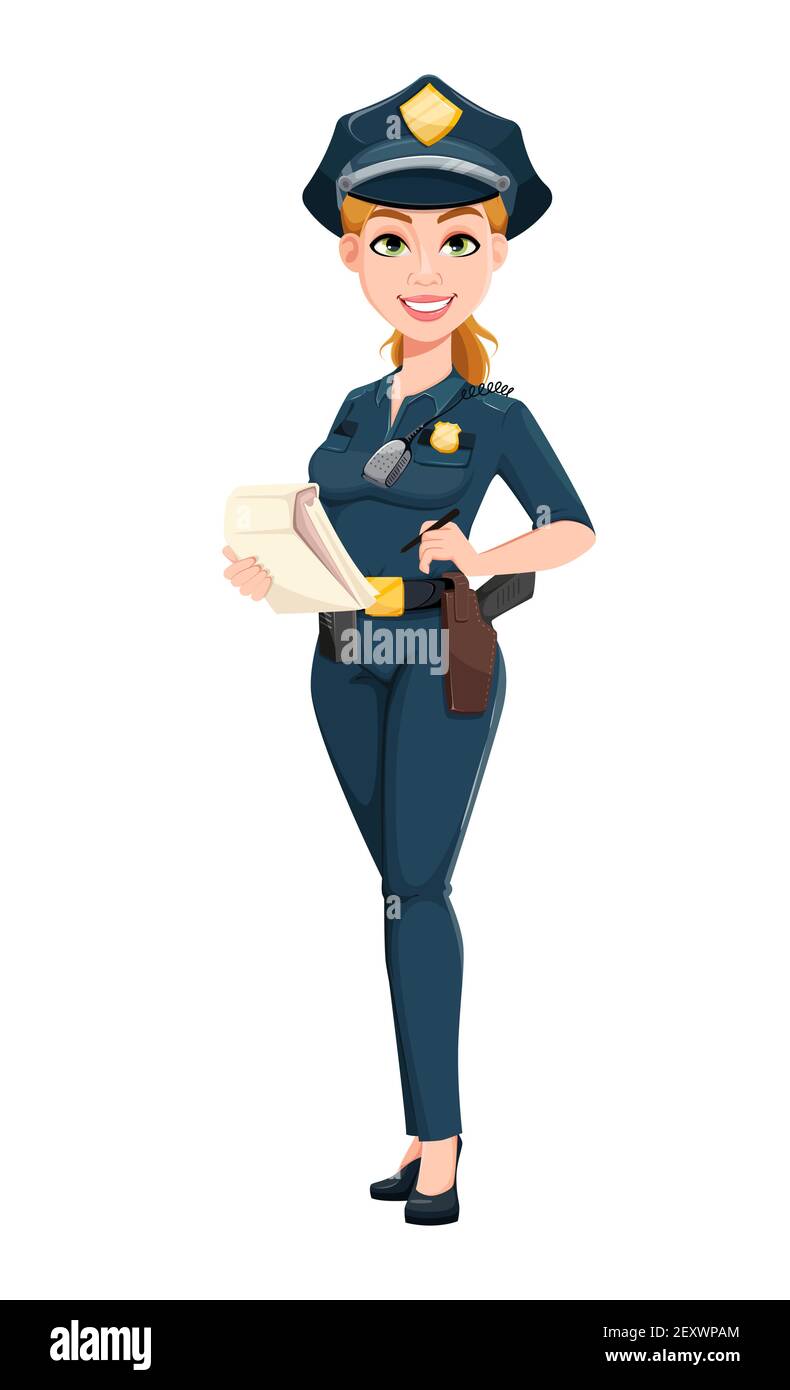 Police woman in uniform. Female police officer cartoon character holding  notepad. Stock vector illustration Stock Vector Image & Art - Alamy
