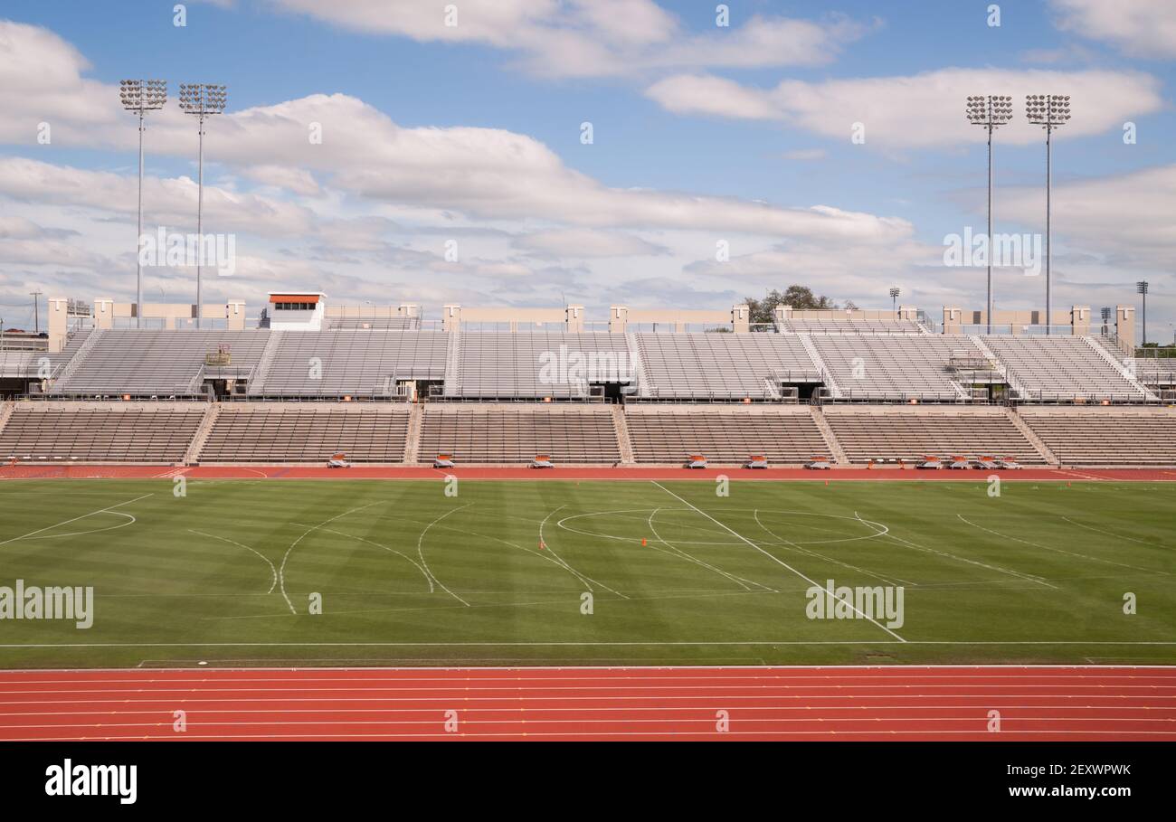 College Level Track Stadium Puffy Clouds Blue Sky Stock Photo Alamy