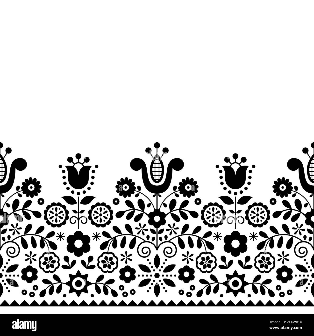 Polish folk art vector seamless monochrome textile pattern or greeting card with flowers inspired by traditional highlanders embroidery Lachy Sadeckie Stock Vector