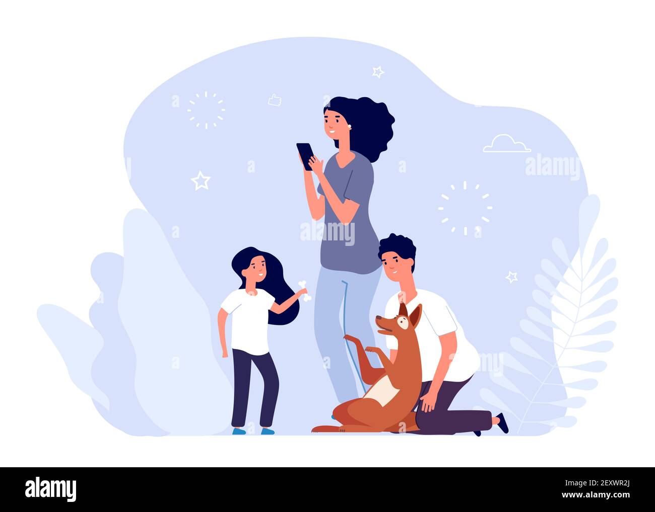 Pet owners. Happy family with dog. Mother father daughter and animal ...