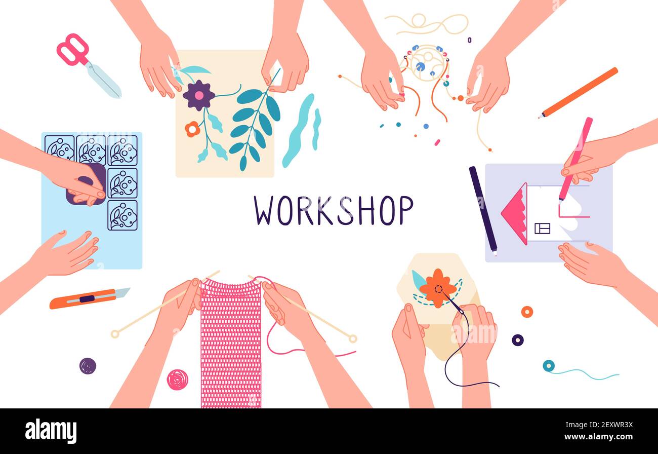 Handmade workshop. Craft diy knitting, drawing and scrapbooking projects. Creative lab, design or teamwork. Kids freetime vector illustration. Handcraft knitting and sewing, embroidery and drawing Stock Vector