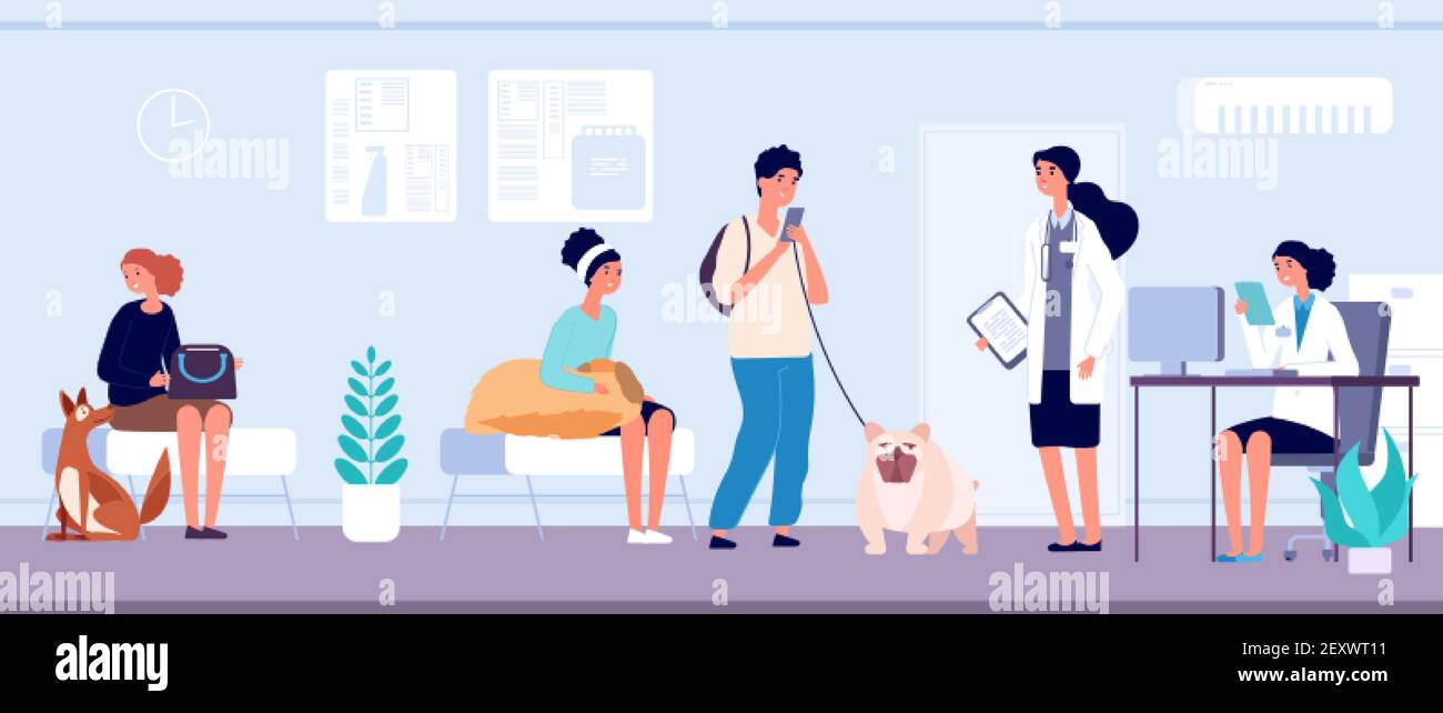 Veterinary clinic. Veterinarian services reception, queue to veterinarian doctor. Vet office animal health caring hospital. Pet owners with dogs vector illustration. Veterinarian hospital to reception Stock Vector