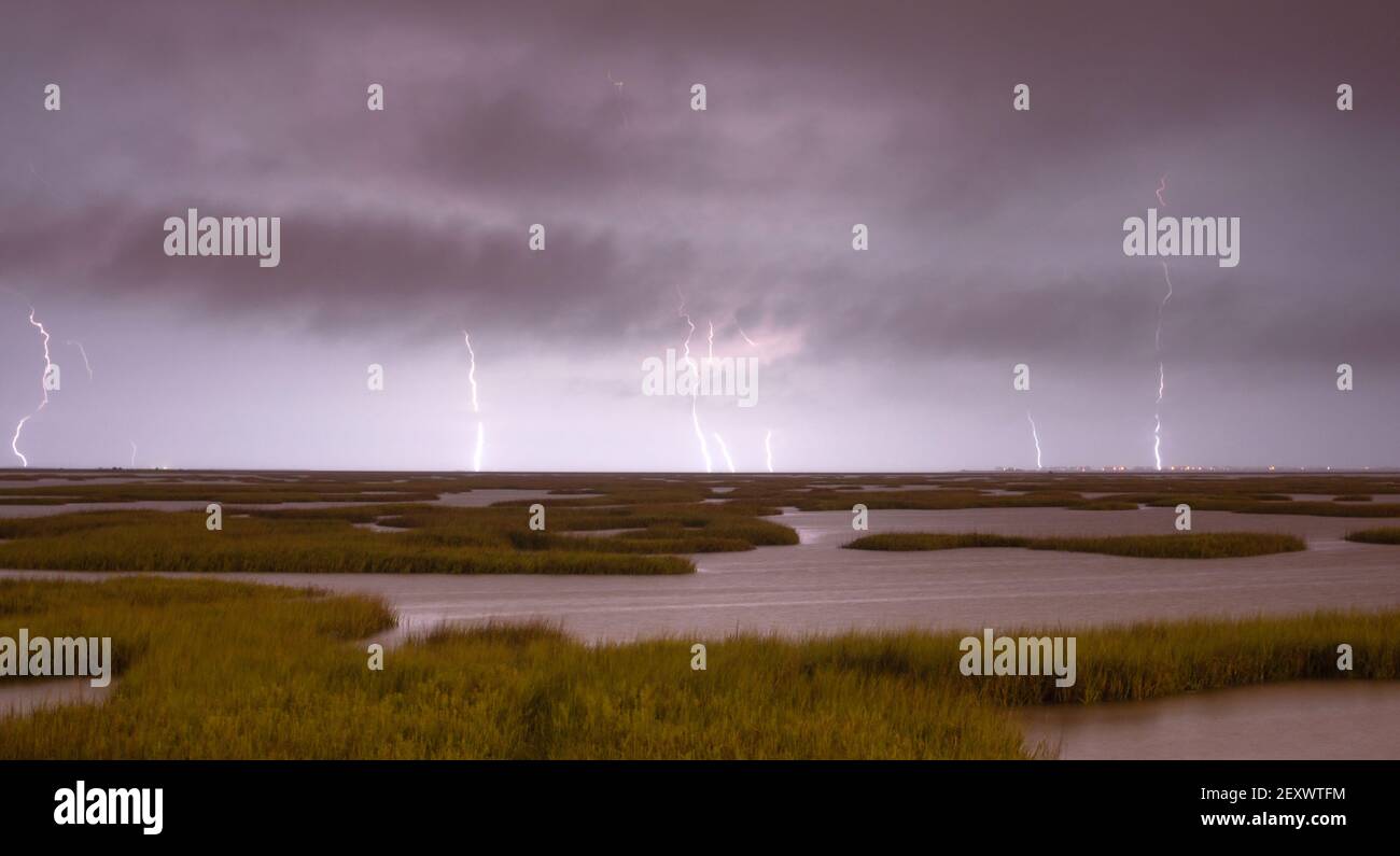 Electrical Storm Approaches lightning Strikes Galveston Texas Stock ...