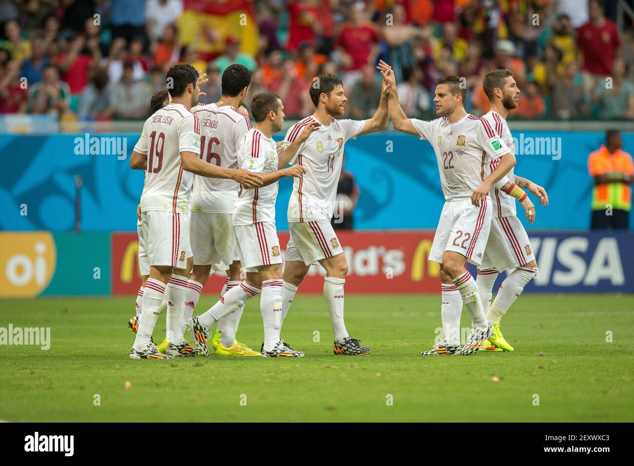 Spain S Xabi Alonso 3r Celebrates With His Teammates After Scoring A Goal During The Group B 14 Fifa World Cup Soccer Match Between Spain And Netherlands In Arena Fonte Nova Stadium In Spain S Xabi Alonso 3r Celebrates With His Teammates After Scoring A Goal During The Group B 14 Fifa World Cup Soccer Match Between Spain And Netherlands In Arena Fonte Nova Stadium In