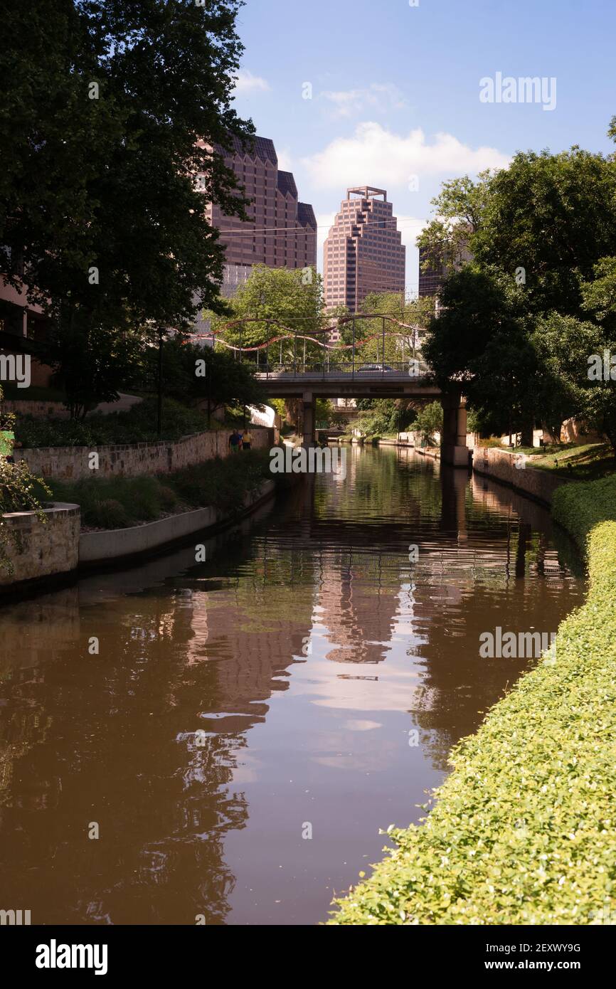 San Antonio River Flows Thru Texas City Downtown Riverwalk Stock Photo