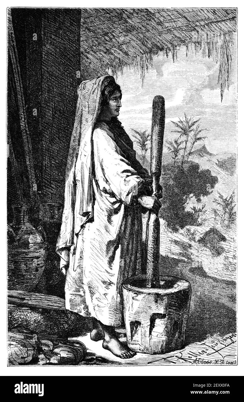 Farmer village woman milling rice. Culture and history of Asia. Vintage antique black and white illustration. 19th century. Stock Photo