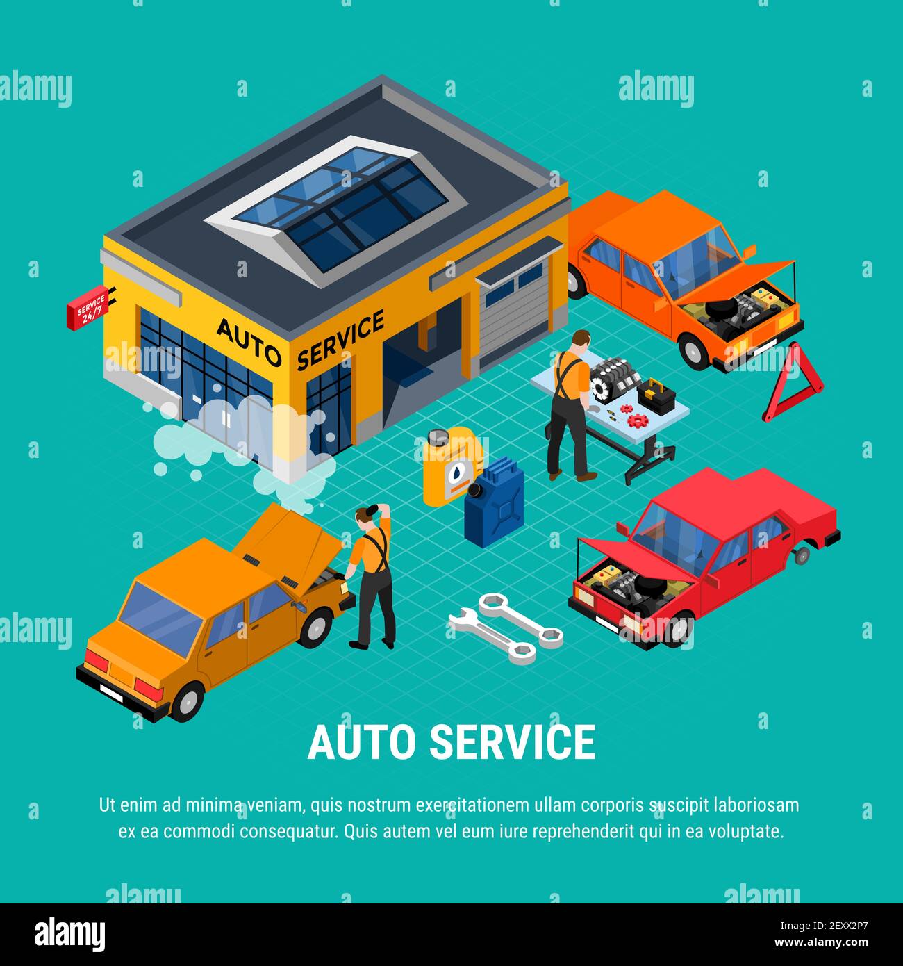 Auto service isometric concept with diagnostics and equipment symbols ...