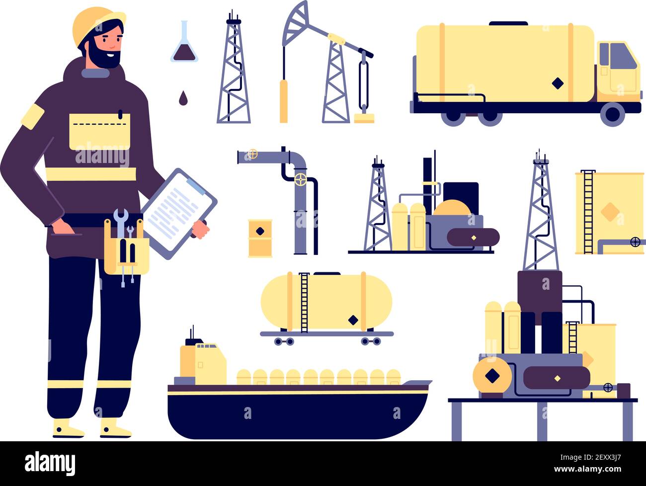 Oilman. Oil industrial environment, petroleum technology. Factory worker, tanker ship, pipes and barrels. Vector refinery industry icons. Illustration petroleum fuel, oil pump transportation tanker Stock Vector