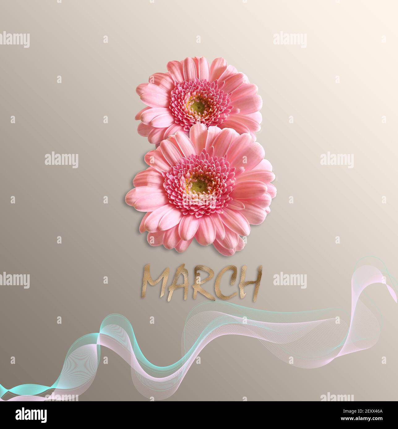 8th March, Women's day design of pink flowers gerbera. Gold text March ...