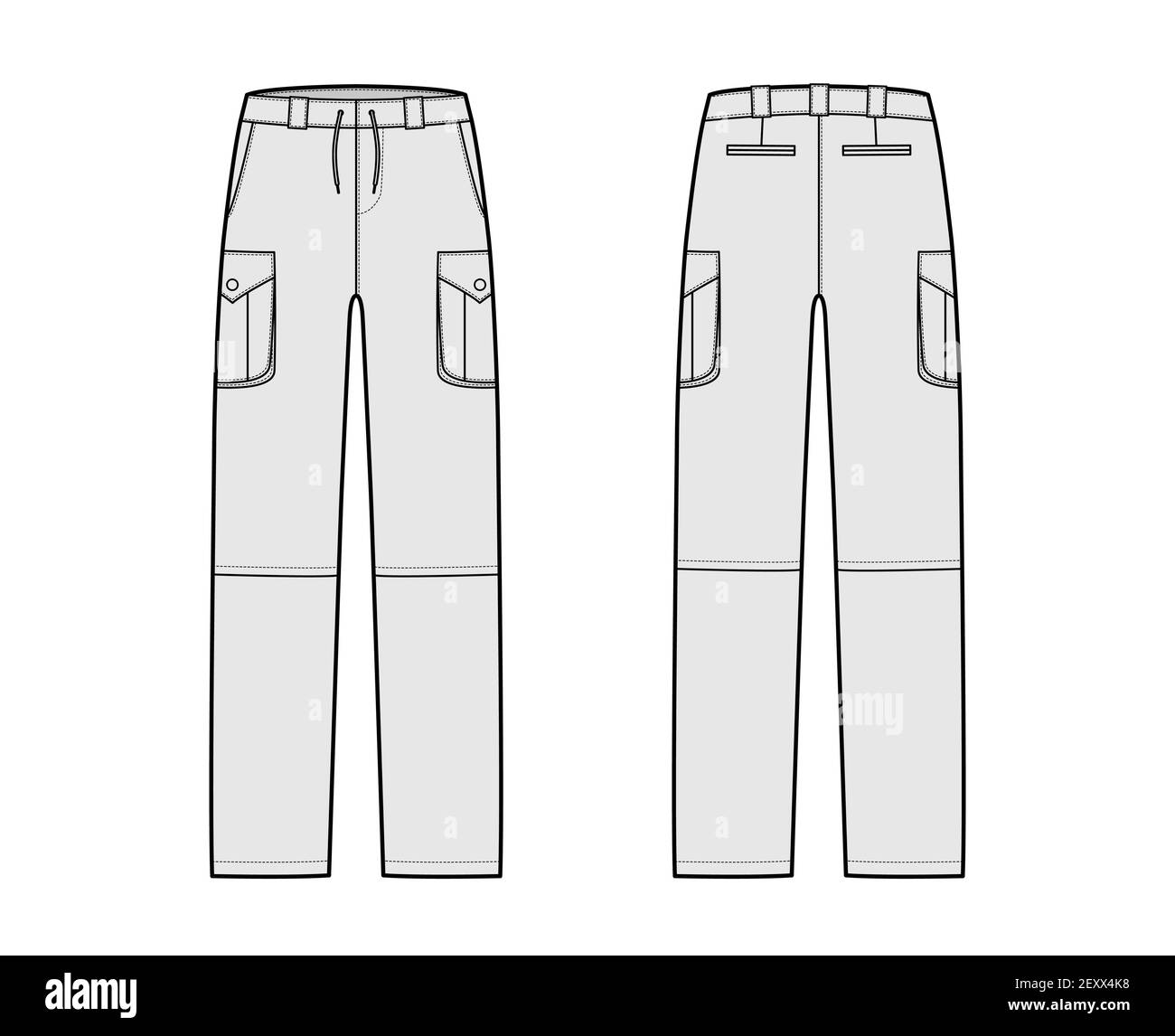 Zip-off convertible pants technical fashion illustration with low waist, high rise, box pleated cargo jetted pockets, belt loops. Flat template front back, grey color style. Women, men CAD mockup Stock Vector