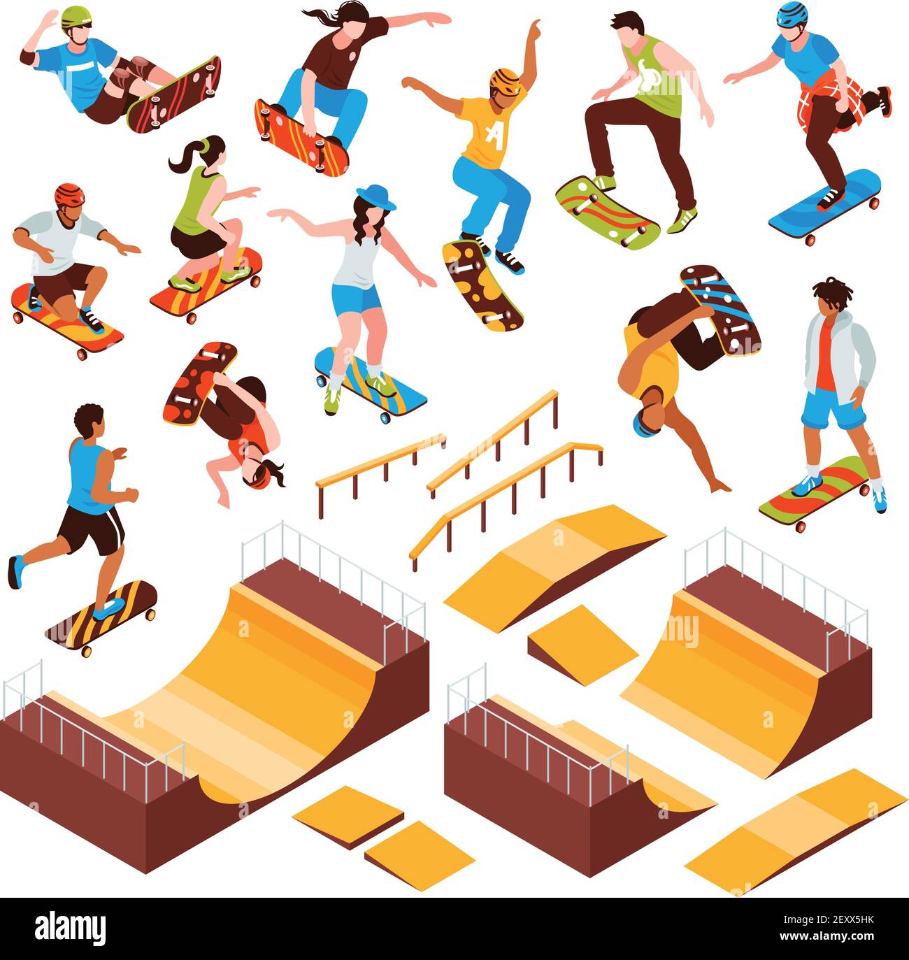 Isometric skateboard platforms set of isolated skate park elements