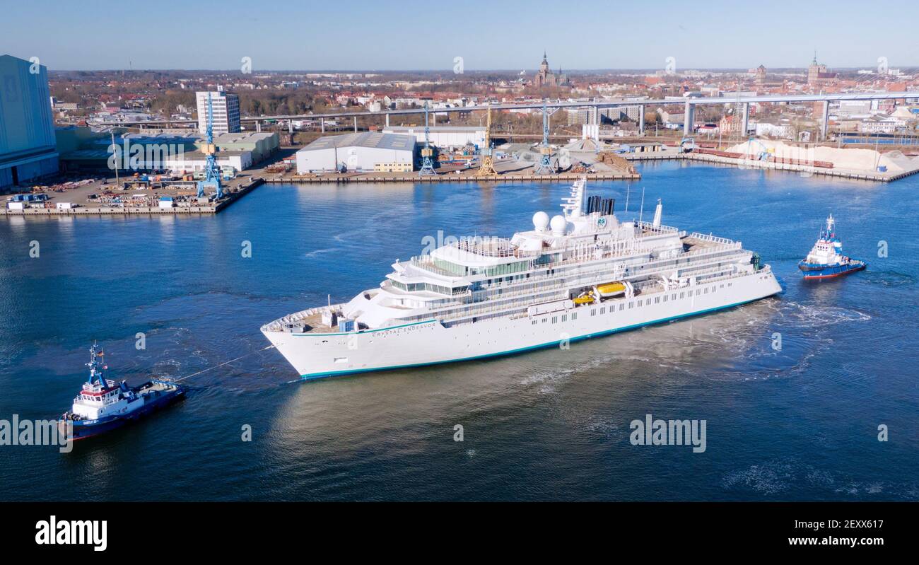Stralsund Germany 05th Mar 2021 The Stralsund Built Expedition Cruise Ship Crystal Endeavor Has Set Off On A Test Voyage Aerial Photo Here Of A Drone The Ship Departed From The Outfitting Quay