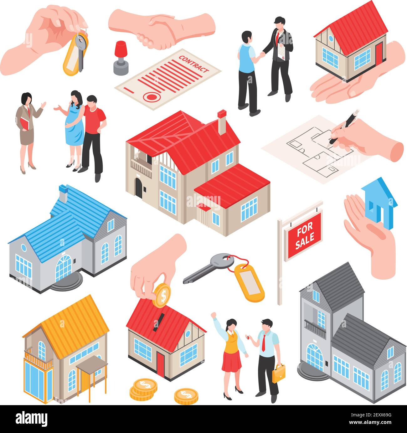 Isometric sale exchange tax real estate agency set of isolated icons of