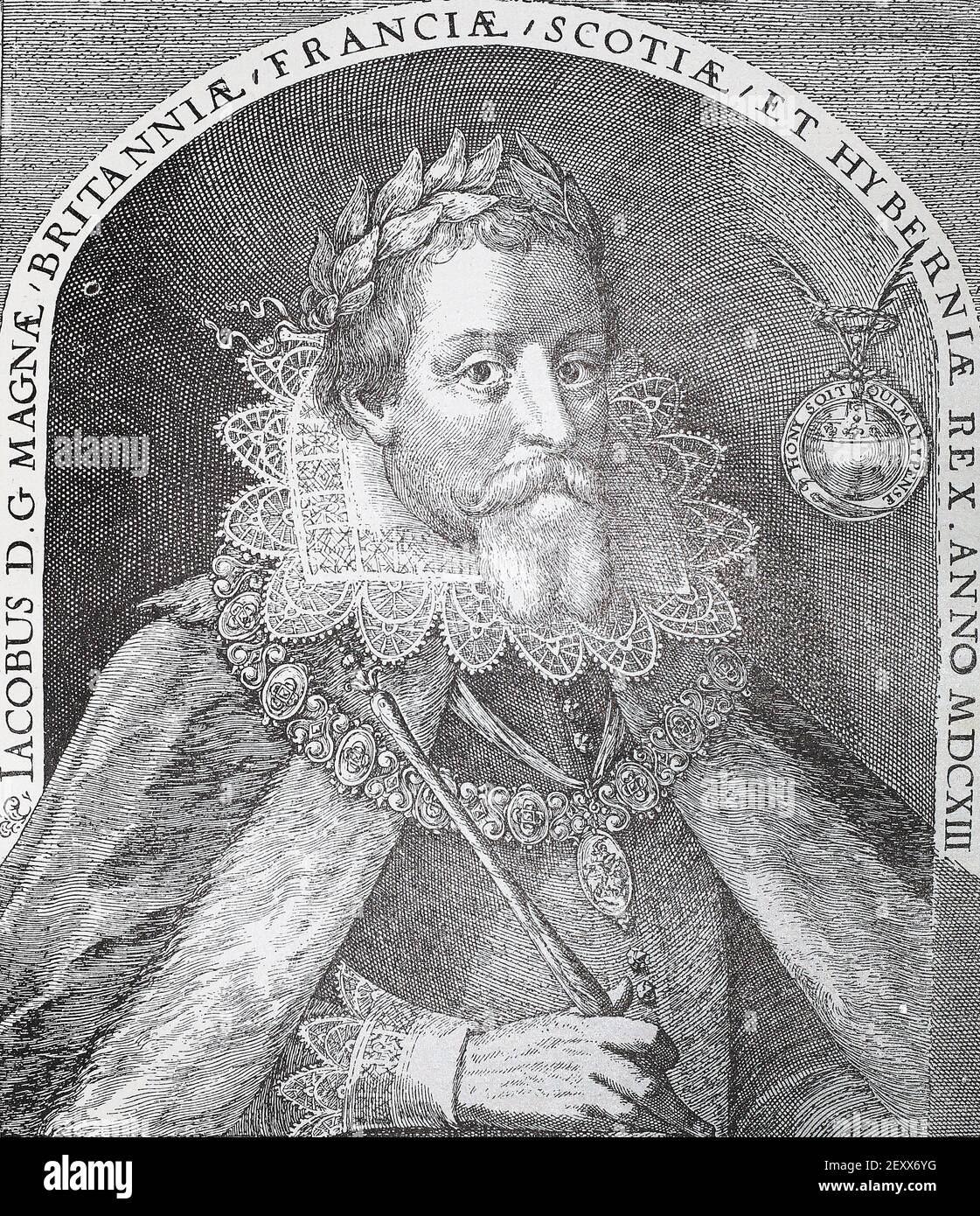 English King James I. Medieval engraving. James I, (1566 - 1625), king of Scotland (as James VI) from 1567 to 1625 and first Stuart king of England from 1603 to 1625, who styled himself “king of Great Britain.” James was a strong advocate of royal absolutism, and his conflicts with an increasingly self-assertive Parliament set the stage for the rebellion against his successor, Charles I. Stock Photo