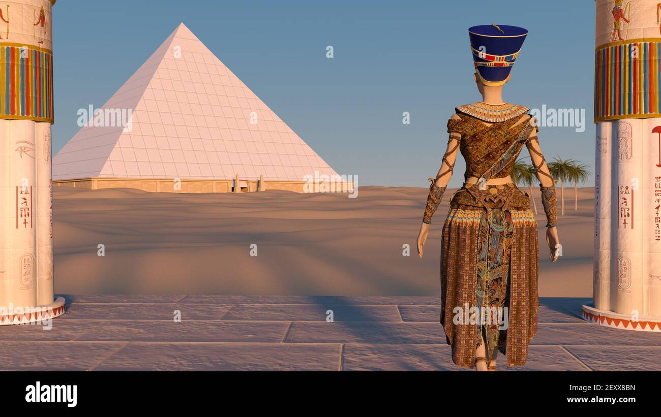 Queen Nefertiti admires the pyramids and desert views from the ancient  temple. Historical animation. The Great Pyramids In Giza Valley, Cairo,  Egypt Stock Photo - Alamy