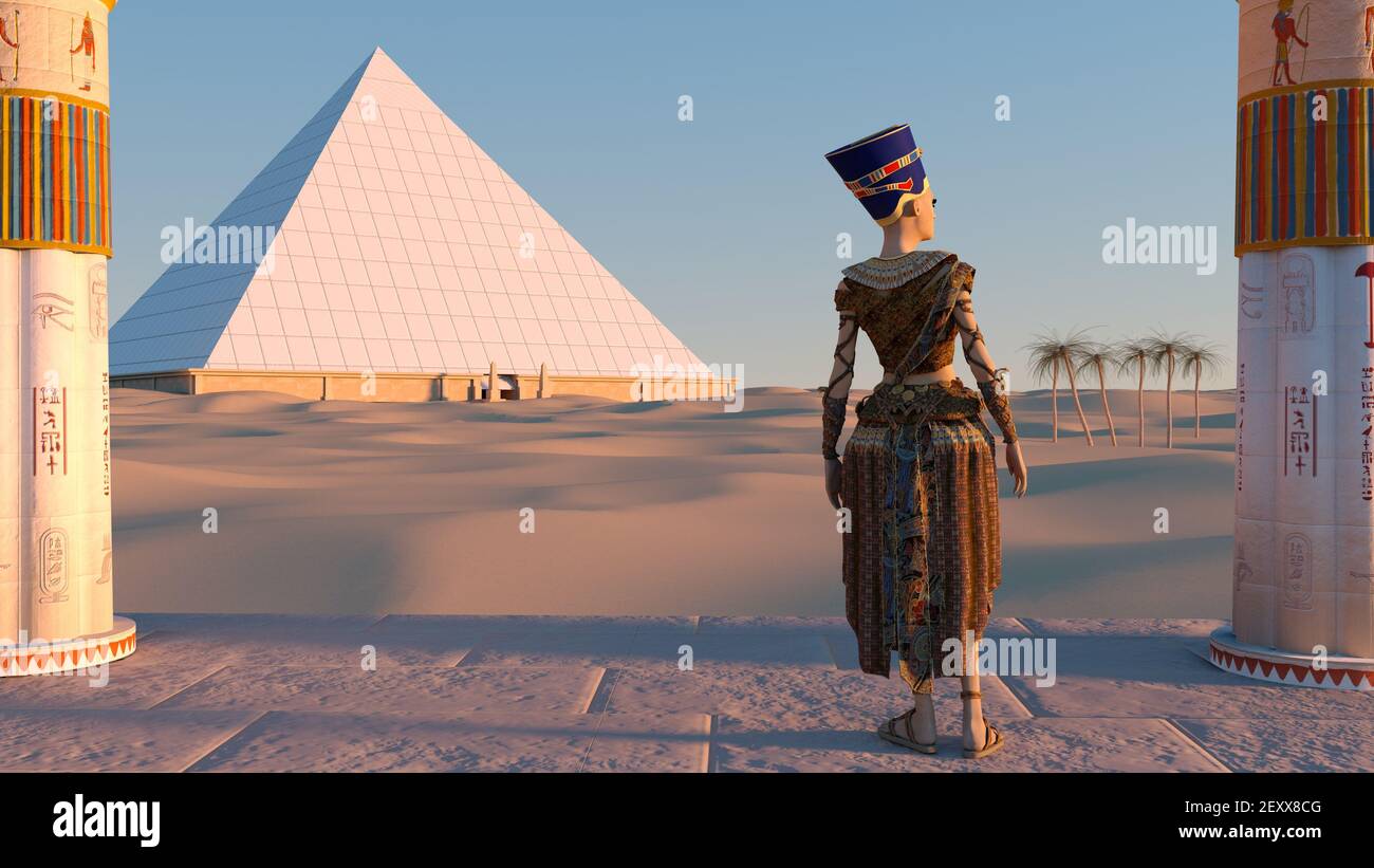 Queen Nefertiti admires the pyramids and desert views from the ancient  temple. Historical animation. The Great Pyramids In Giza Valley, Cairo,  Egypt Stock Photo - Alamy