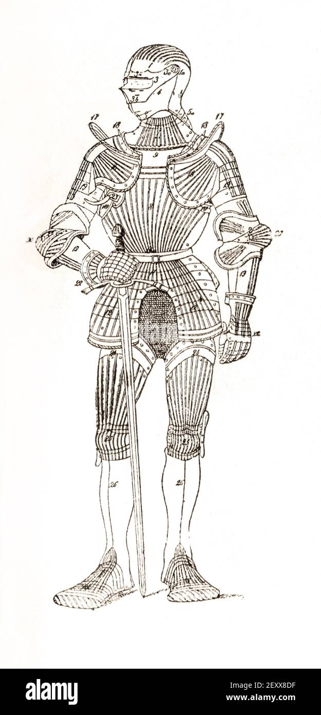 Scheme of Maximilian's armor. The engraving of the 19th century. Stock Photo