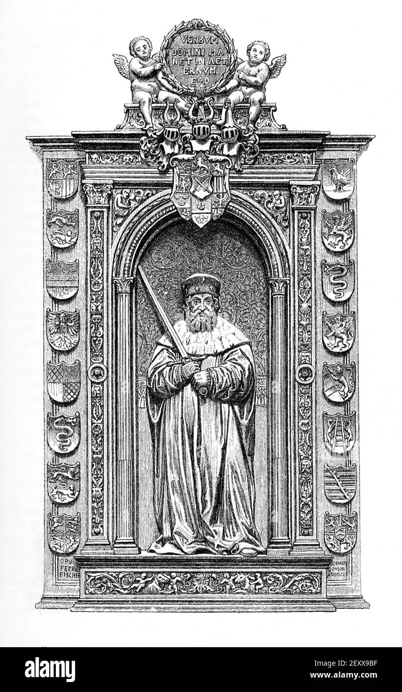 Tombstone of Frederick the Wise in the castle church in Wittenberg. Frederick III (17 January 1463 – 5 May 1525), also known as Frederick the Wise (German Friedrich der Weise), was Elector of Saxony from 1486 to 1525, who is mostly remembered for the worldly protection of his subject Martin Luther. Stock Photo