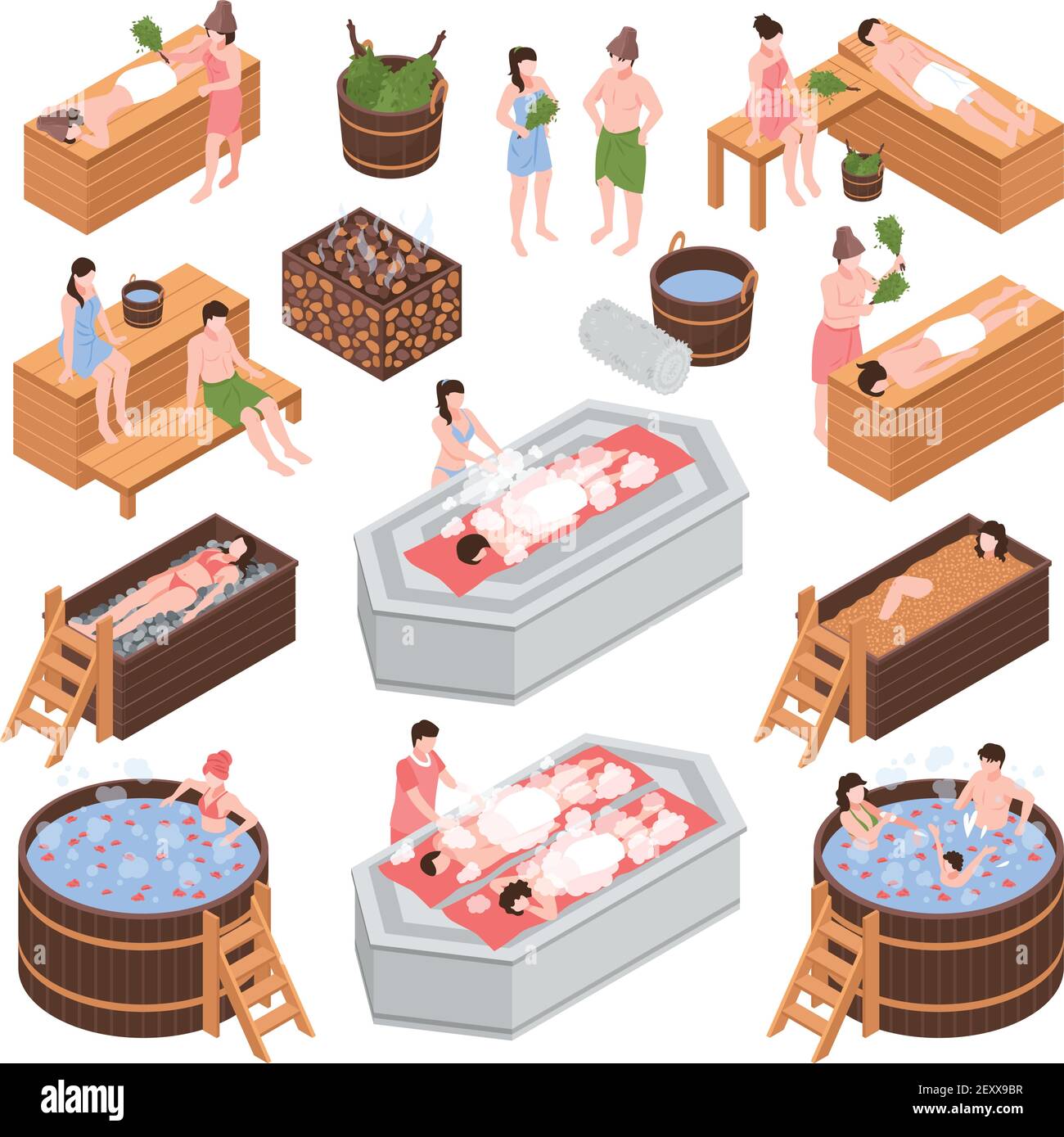 Set of isometric bath house elements and human characters during body cleaning procedure isolated vector illustration Stock Vector