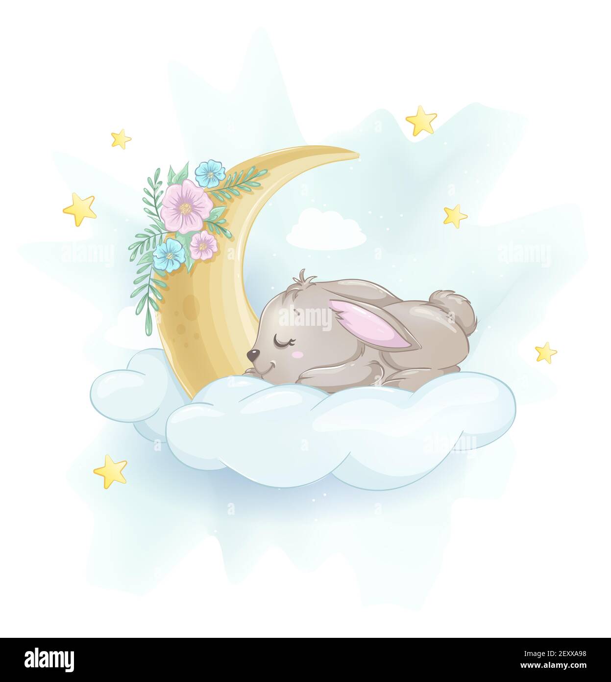 Cute little rabbit sleeping on a cloud. Usable for Easter greeting card.  Pretty bunny cartoon character. Stock vector illustration Stock Vector  Image & Art - Alamy