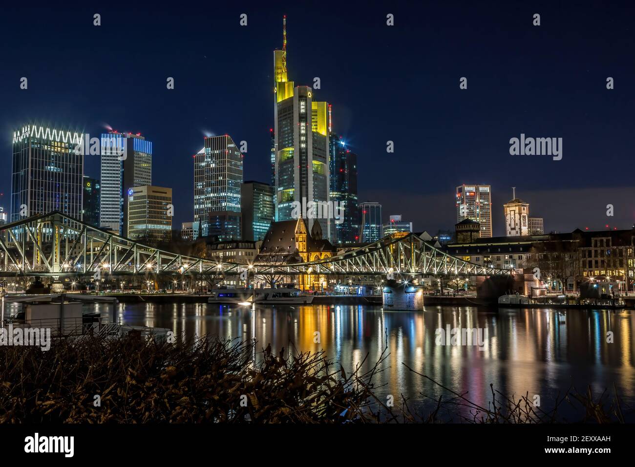 The skyline of Frankfurt at night at a cold day in winter. Stock Photo