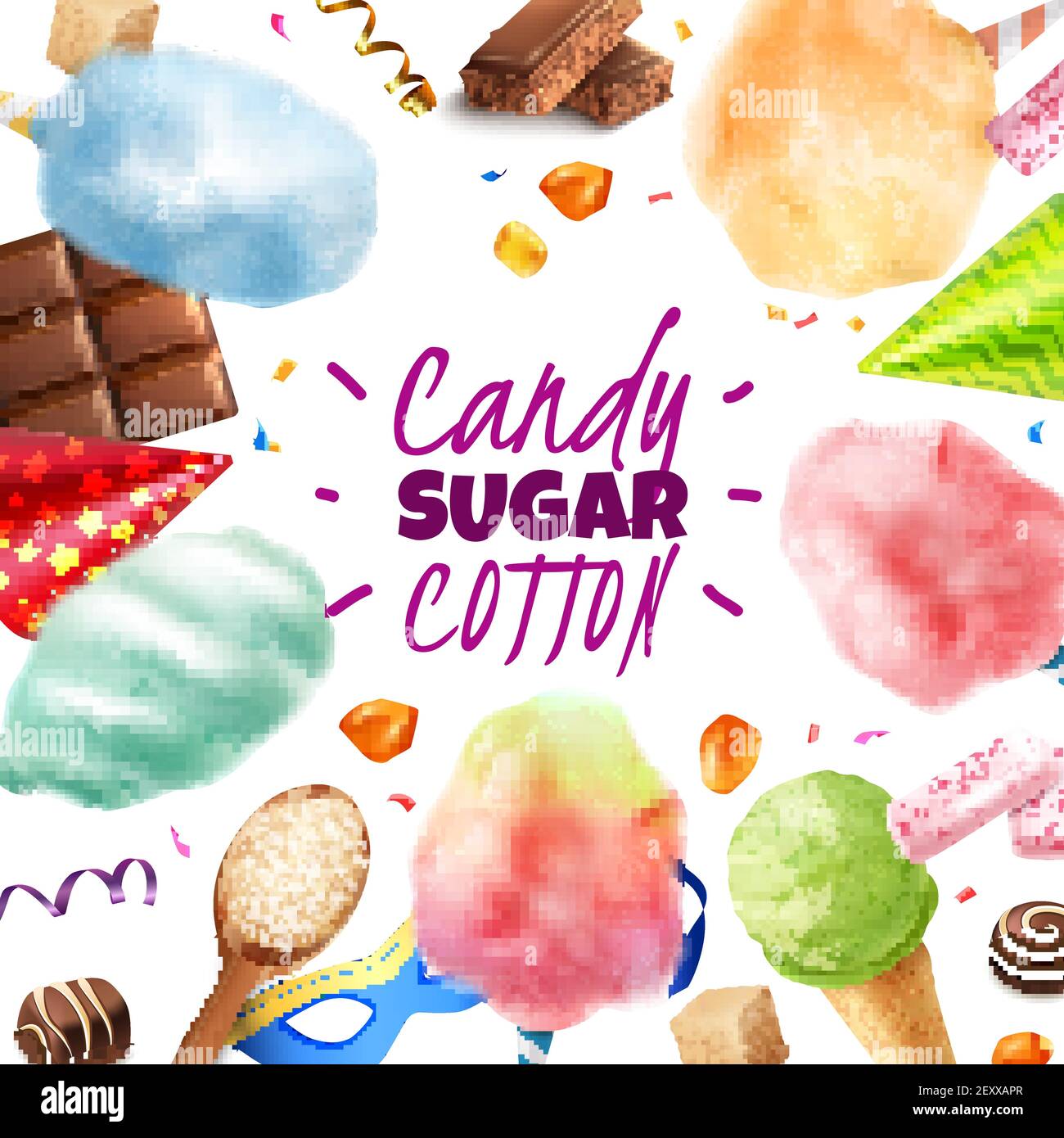 Realistic candy sugar cotton frame background with editable text and
