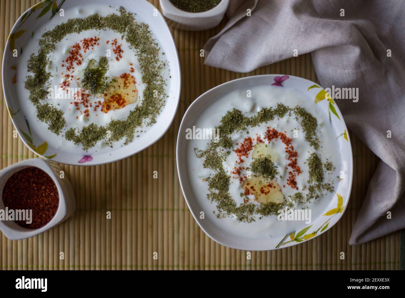 cacik is made with yoghurt, garlic, cucumber and mint. Both appetizers and meals are eaten like salads, Stock Photo