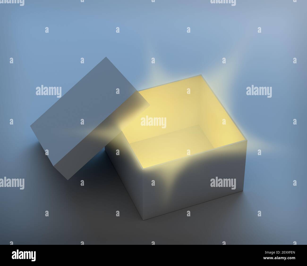 Open box with magic light rays from inside. Stock Photo