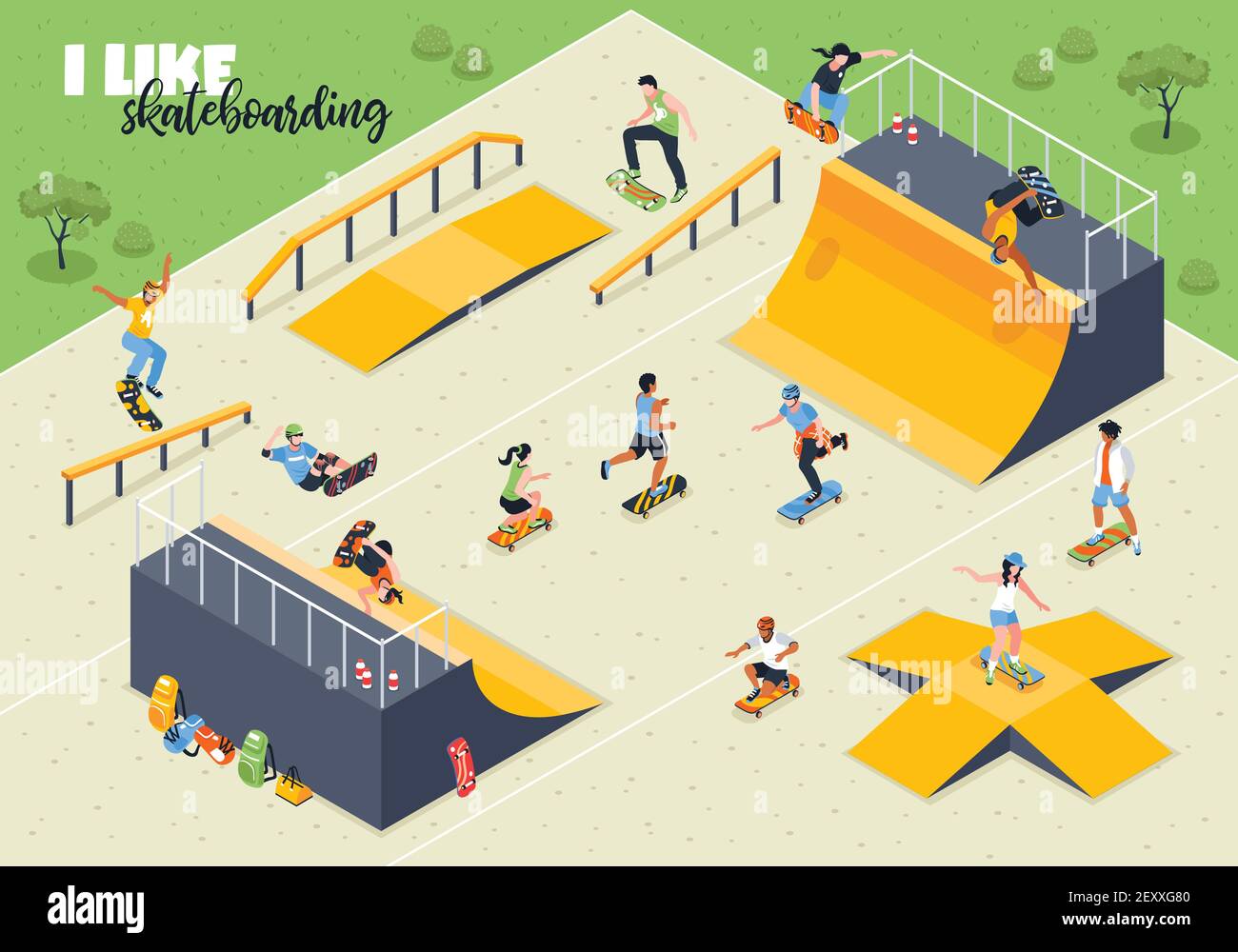 Young athletes during skateboard riding on sport ground with ramps isometric horizontal vector illustration Stock Vector