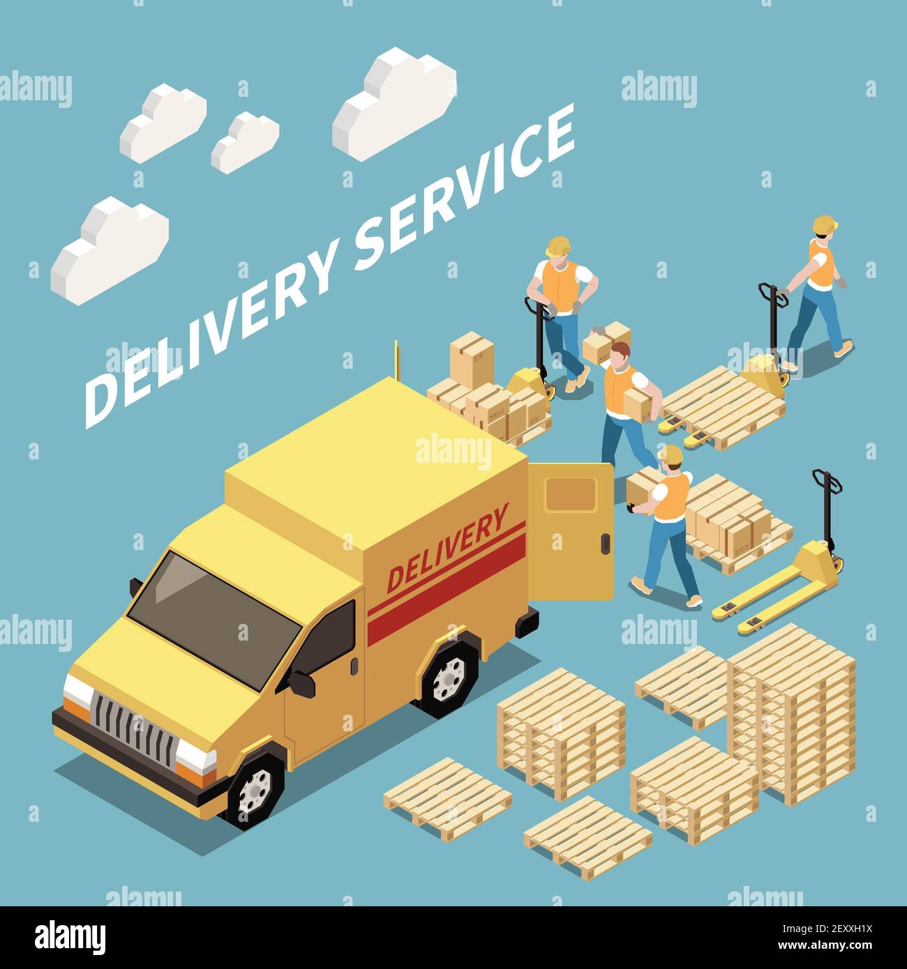 Delivery service isometric composition with workers loading goods 3d isometric vector illustration Stock Vector