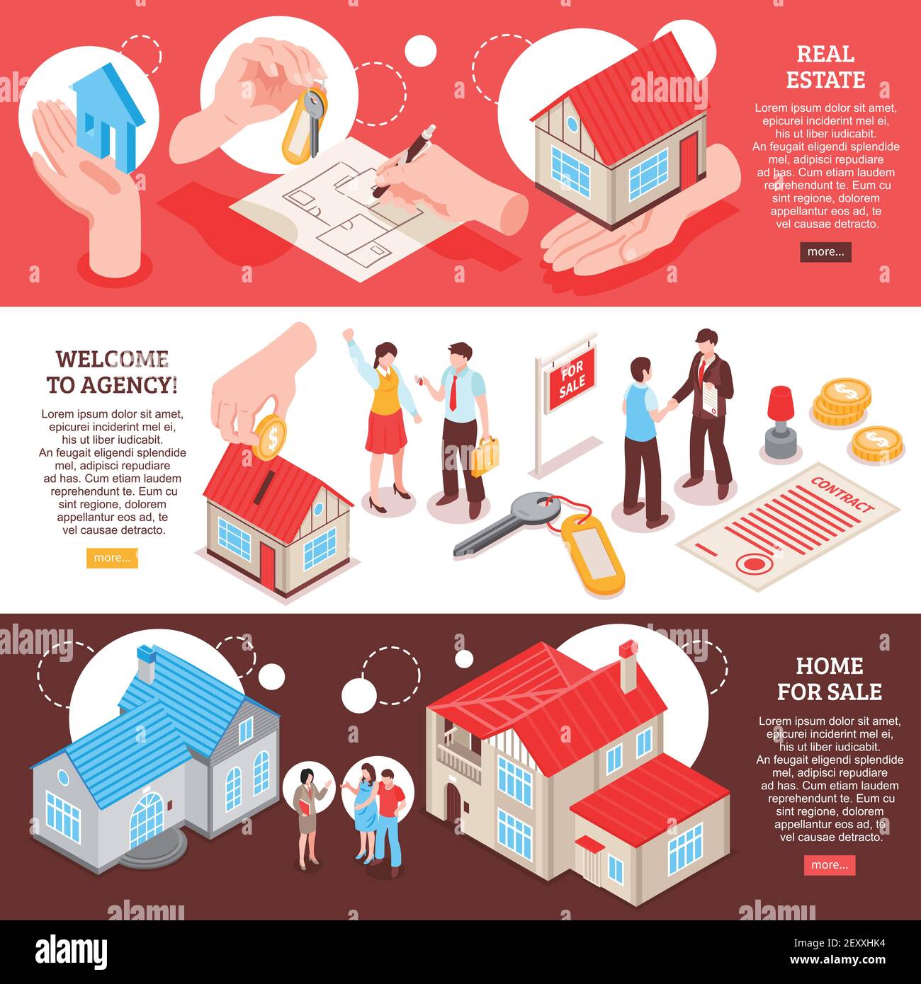 Set of horizontal isometric banners real estate agency with homes for