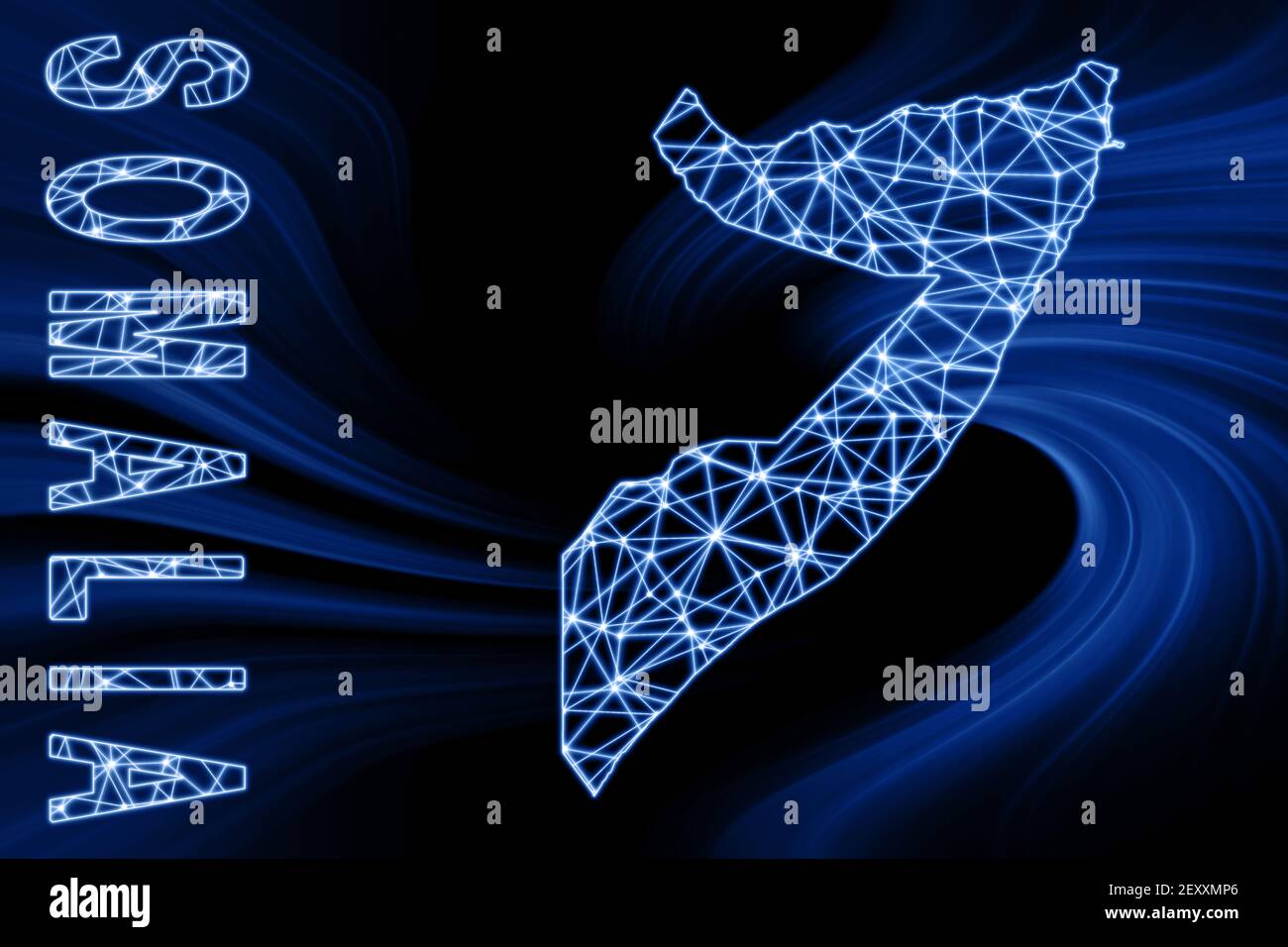 Map of Somalia, Polygonal mesh line map, blue map on dark background ...