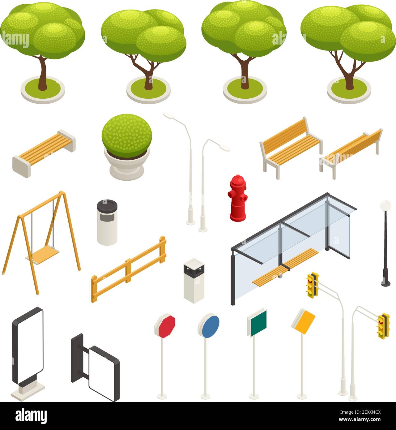 City map elements constructor isometric icon set swings road signs ...