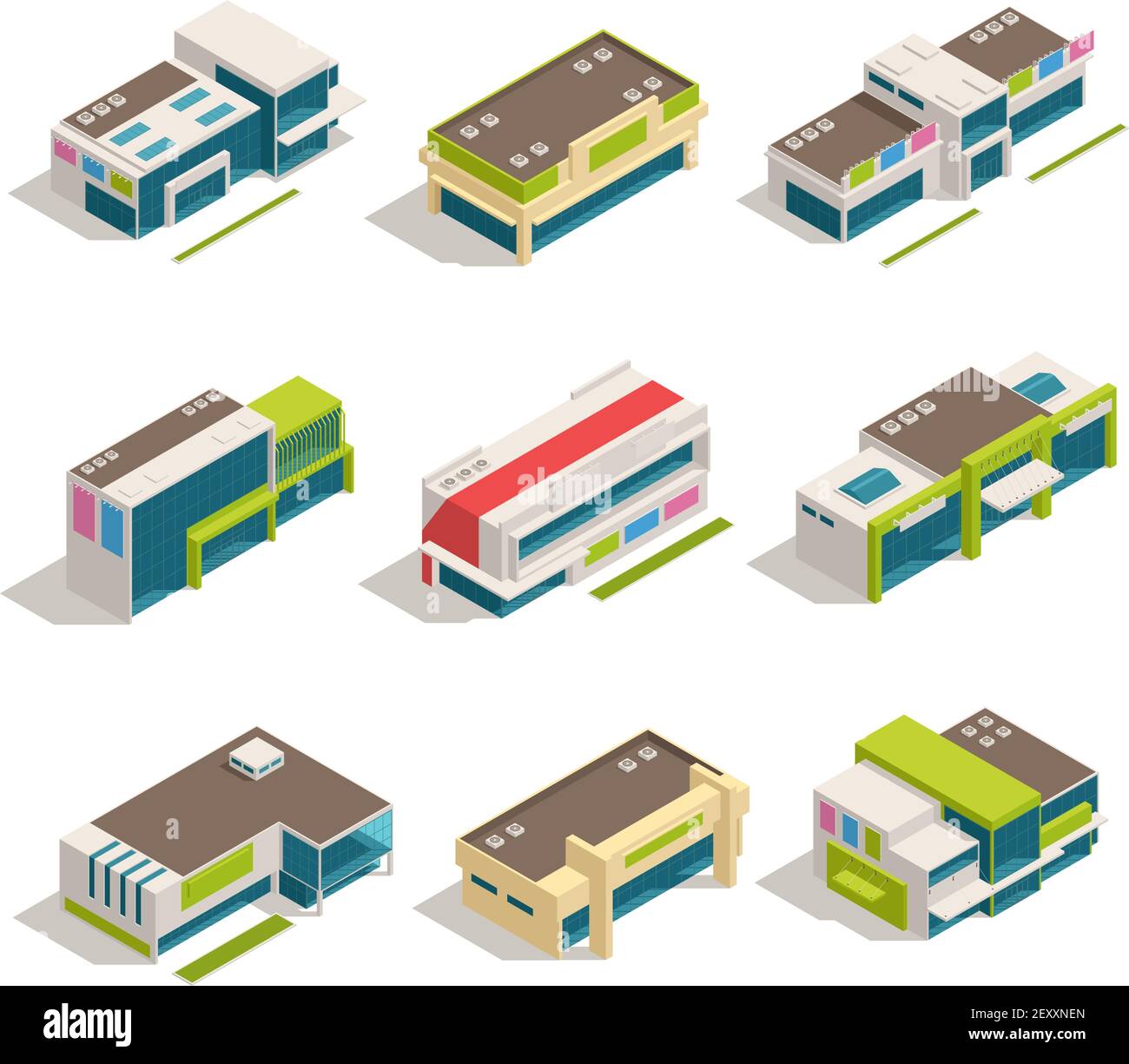 Nine isolated store mall shopping center isometric buildings icon set top view vector illustration Stock Vector