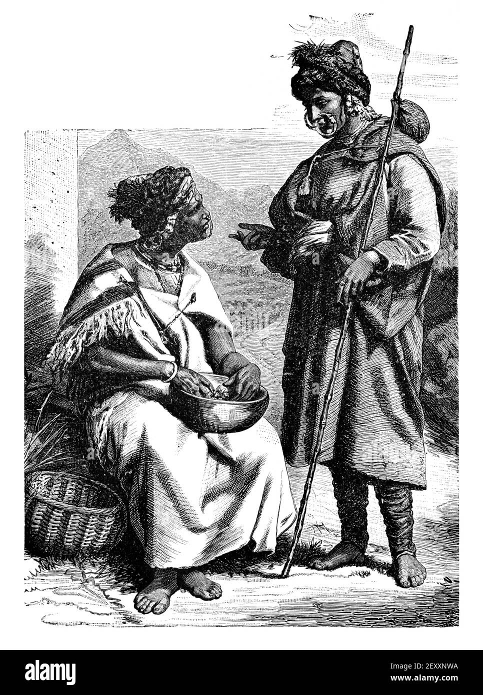 Women from Kullu town, India.Culture and history of Asia. Vintage antique black and white illustration. 19th century. Stock Photo